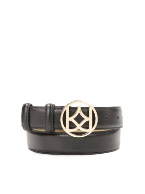 Cintura da donna in pelle nera con fibbia rotonda e monogramma