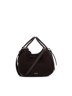 Borsa in pelle scamosciata di colore marrone scuro con logo in oro