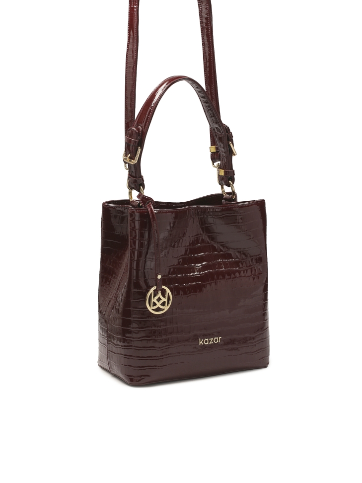 Borsa in vernice marrone con motivo esotico VICTORIA