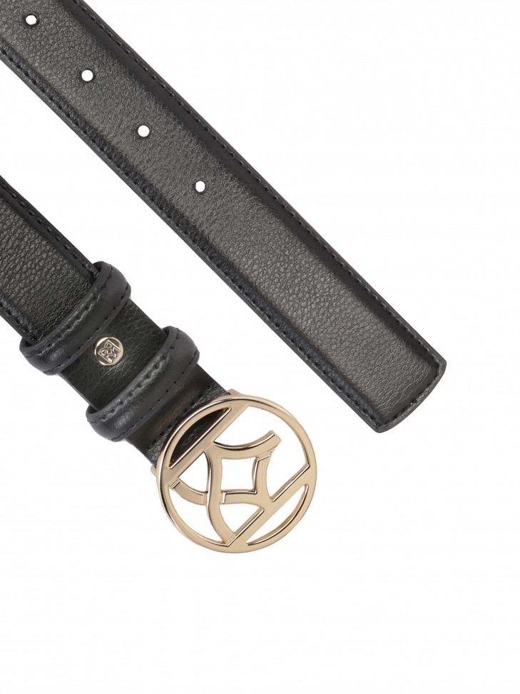 Cintura da donna in pelle nera con fibbia rotonda e monogramma MANITA