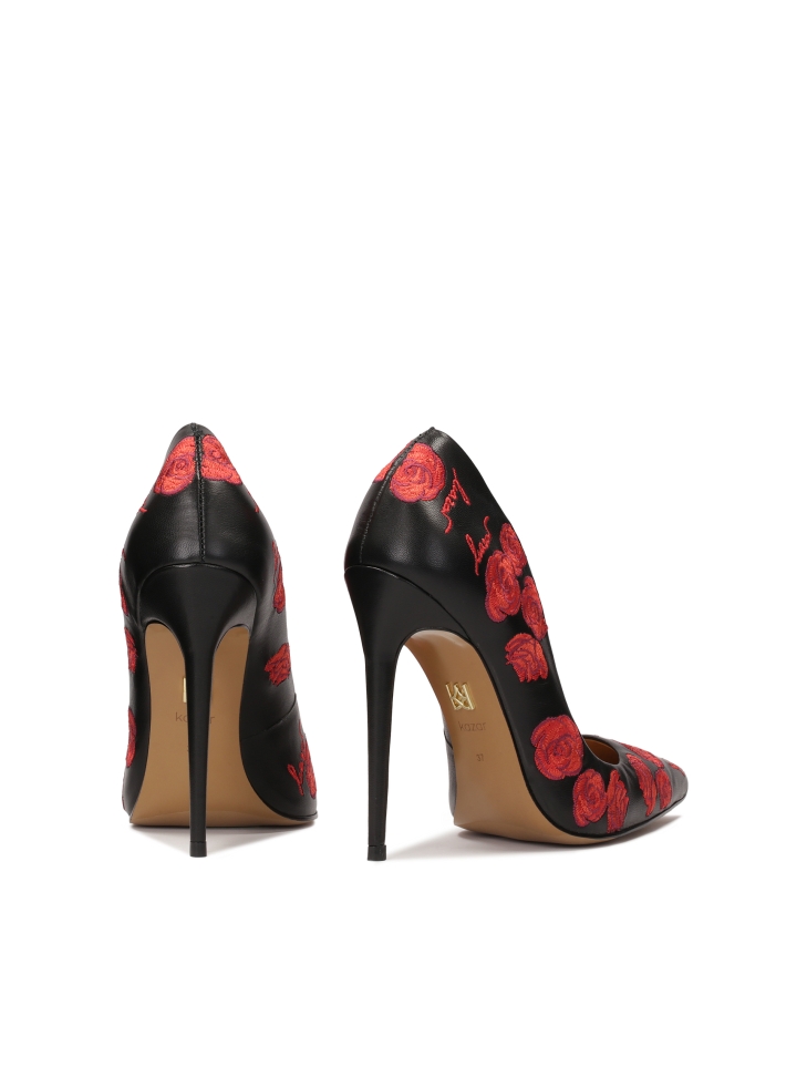 Eleganti tacchi a spillo neri con fiori rossi NEW NATALIE