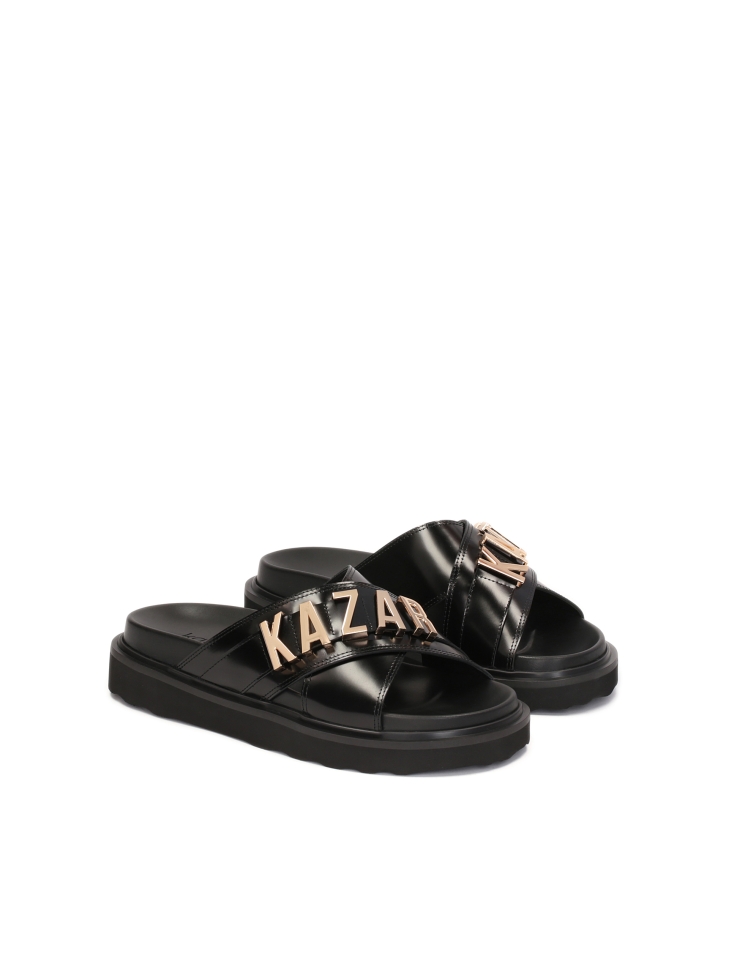 Mules in pelle nera con scritte in metallo DESIRE