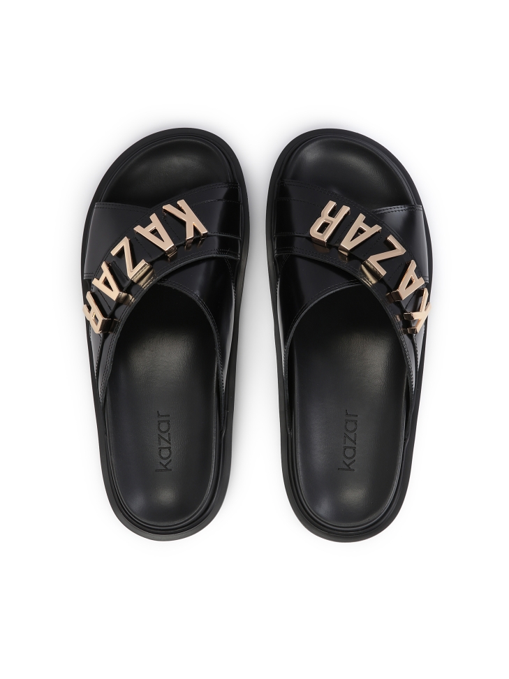 Mules in pelle nera con scritte in metallo DESIRE