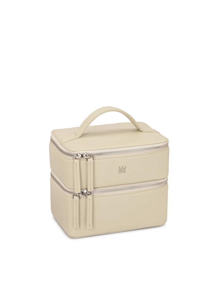 Borsa per il trucco in pelle con specchio e porta pennelli DAISY