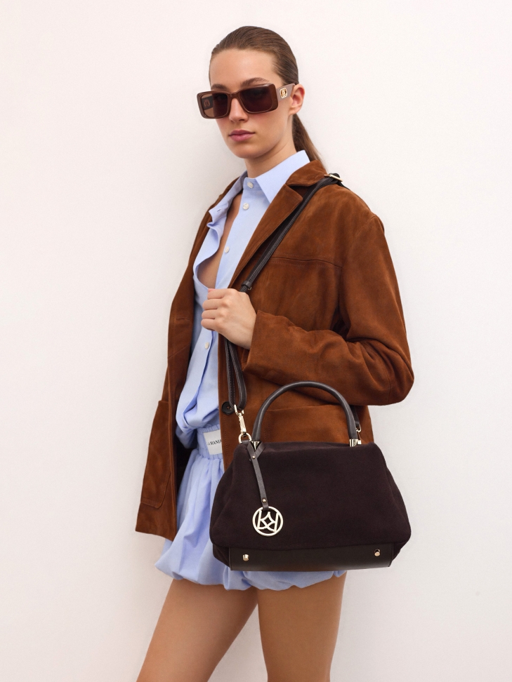 Borsetta in pelle scamosciata e vera pelle marrone con portachiavi WENNY