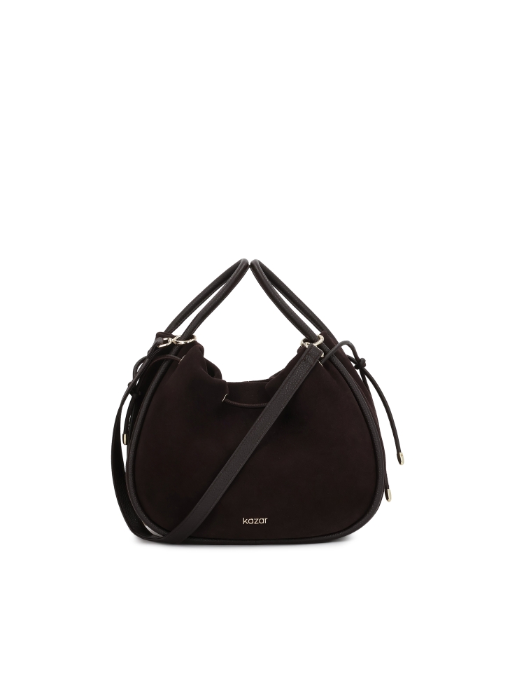 Borsa in pelle scamosciata di colore marrone scuro con logo in oro KENNA